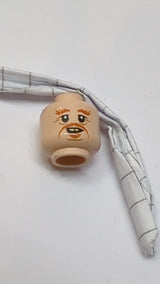 Minifigur, Kopf doppelseitig, Herr der Ringe, dunkelorangefarbener Schnurrbart, Spitzbart, buschige Augenbrauen, Falten, vergilbte Zähne, Lächeln/offener Mund hellnougat (fleischfarben)