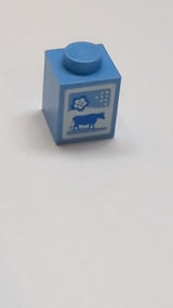 1x1 Stein mit blauer Kuh und Blume auf weißem Hintergrund Muster „Milchkarton“ mittelblau