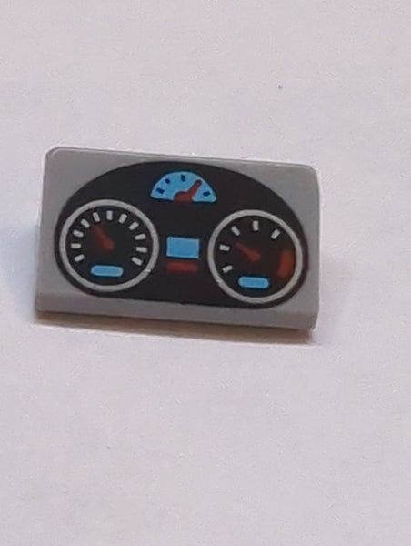 1x2 Dachstein 30° 85984 bedruckt mit Black Oval Dashboard with Silver, Medium Azure and Red Gauges Pattern neuhellgrau