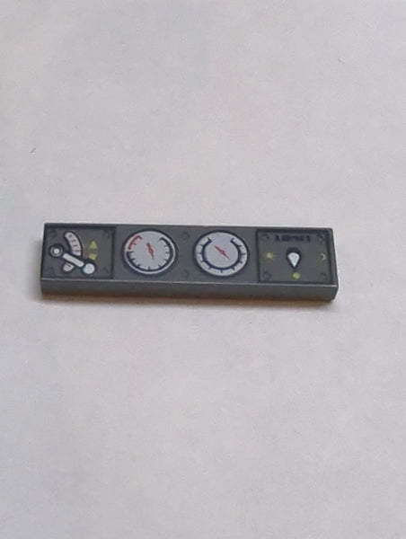 1x4 Fliese bedruckt mit Light Switch, 2 White Gauges and Train Throttle Pattern neudunkelgrau