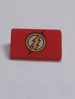 1x2 Dachstein 30° 85984 bedruckt mit Yellow Circle and Lightning Bolt (DC The Flash Logo) Pattern rot