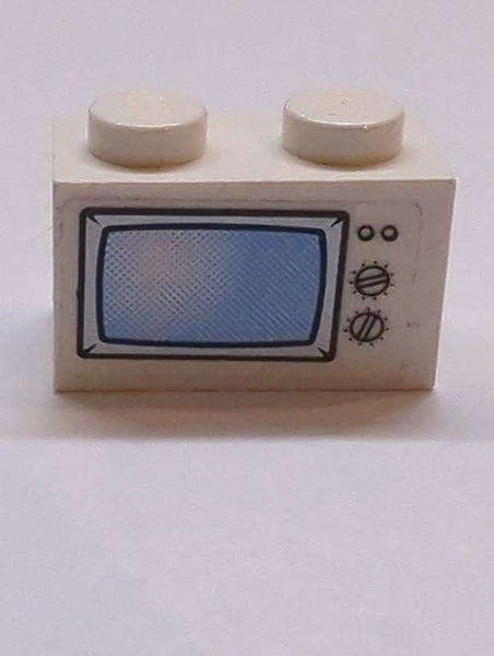 1x2 Stein bedruckt mit Blue TV Screen, 2 Buttons and 2 Knobs Pattern (Sticker) - Set 60036 weiß