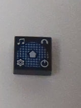 NEU Kachel 1 x 1 mit weißen Musiknoten, Minifigurenprofil, Zahnrad, Energie-Symbol und Starttaste auf mittlerem blauen Rastermuster schwarz