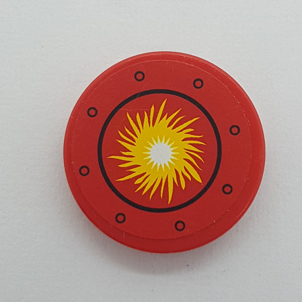 2x2 Fliese rund bedruckt with Bottom Stud Holder with Yellow Fire Ball in Black Circle and Rivets Pattern (Sticker) - Set 70144 rot red