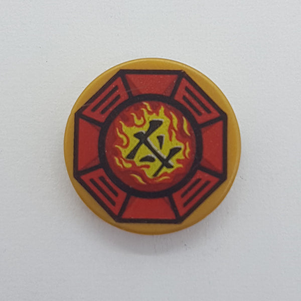 2x2 Fliese rund bedruckt with Bottom Stud Holder with Airjitzu Fire Symbol in Red Octagon Pattern pearlgold pearl gold