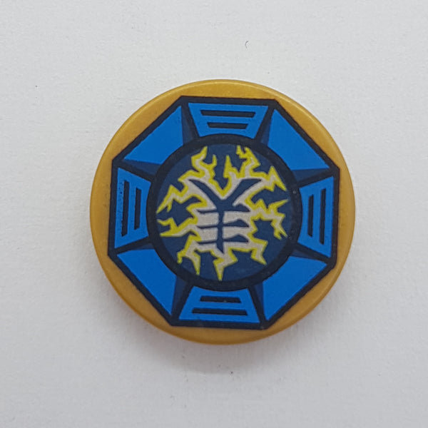 2x2 Fliese rund bedruckt with Bottom Stud Holder with Airjitzu Lightning Symbol in Blue Octagon Pattern pearlgold pearl gold