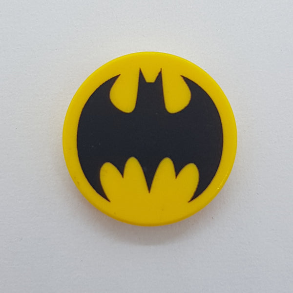 2x2 Fliese rund beklebt with Bottom Stud Holder with Black Bat Batman Logo Pattern gelb yellow
