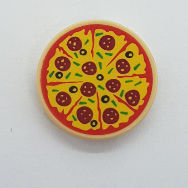 2x2 Fliese rund bedruckt with Bottom Stud Holder with Sliced Pizza with Red Tomato Sauce, Yellow Cheese, Dark Red Pepperoni, Black Olives, and Green Bell Peppers Pattern beige tan