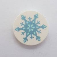 2x2 Fliese rund bedruckt with Bottom Stud Holder with Metallic Light Blue Snowflake Pattern weiss white