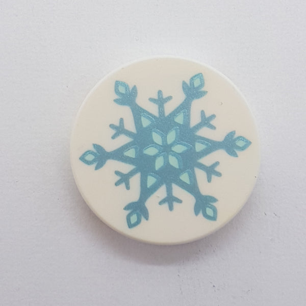 2x2 Fliese rund bedruckt with Bottom Stud Holder with Metallic Light Blue Snowflake Pattern weiss white