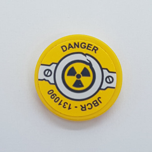 2x2 Fliese rund beklebt with Bottom Stud Holder with 'DANGER', 'JBCR - 131090', Rivets and Nuclear Symbol Pattern (Sticker) - Set 76078 gelb yellow