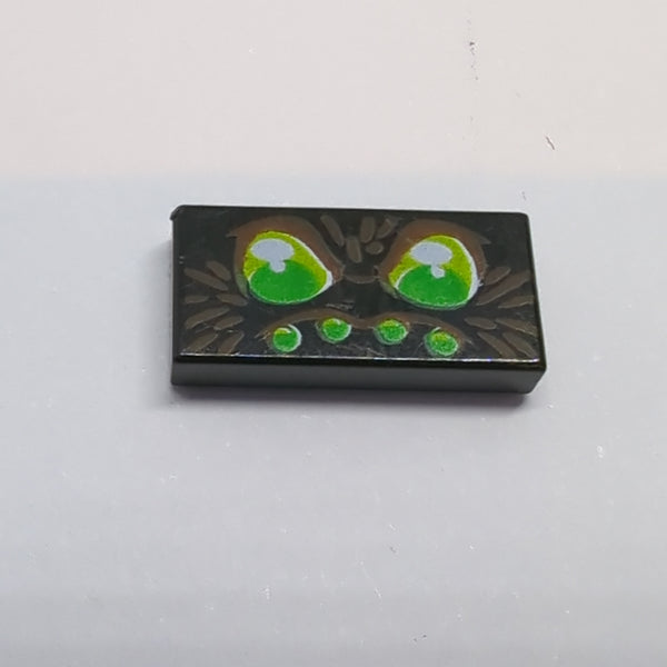 1x2 Fliese bedruckt with Green Eyes and 4 Green Dots with Brown Hairs (Spider Face) schwarz black