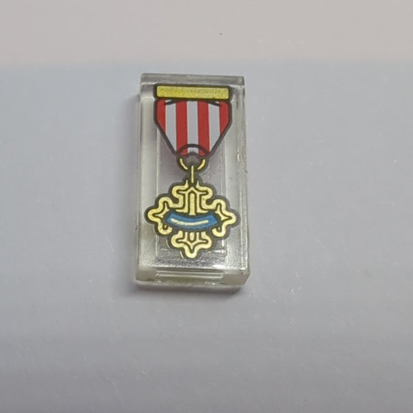 1x2 Fliese bedruckt with Red and White Ribbon, Gold Cross Medal with Dark Azure Stripe transparent weiß trans clear