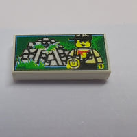 1x2 Fliese bedruckt with Minifigure and Jungle Ruins weiß white