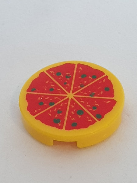 2x2 Rundfliese bedruckt mit Pizza Aufdruck und Unterseite O gelb