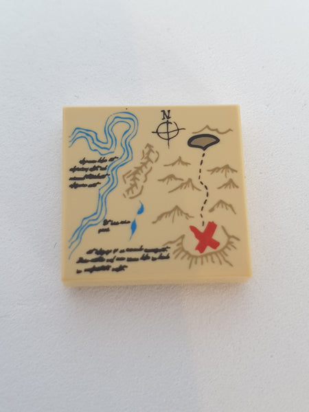 2x2 Fliese bedruckt mit Karte Fluss, Bergen, Handschrift, rotem 'x'