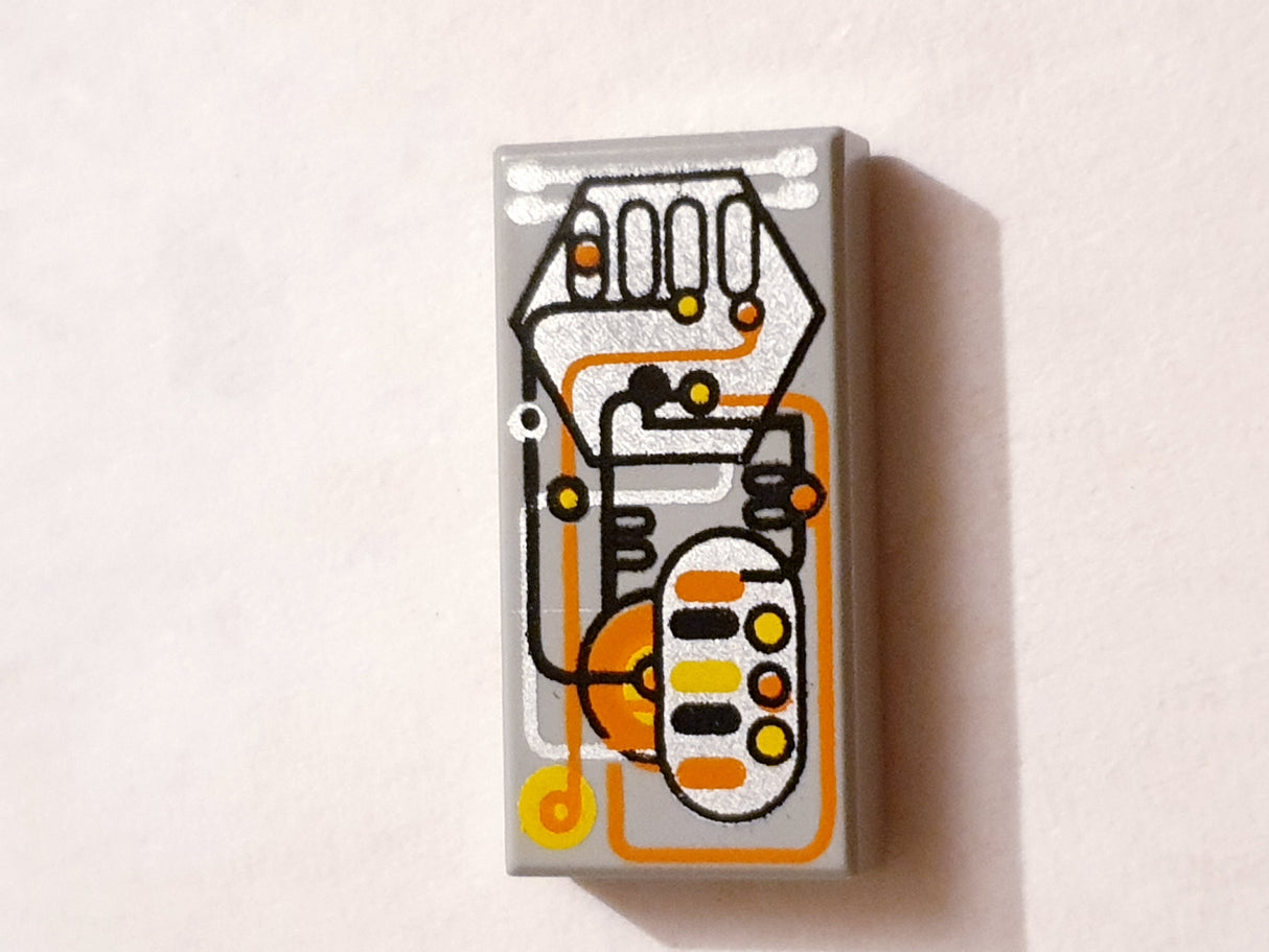 1x2 Fliese bedruckt with Silver, Orange, Yellow, Black Circuitry Pattern
