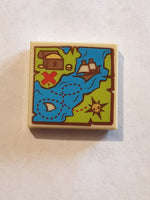 2x2 Fliese bedruckt with Map Blue Water, Lime Land, Sailing Ship, Treasure Chest and Red 'x' Pattern