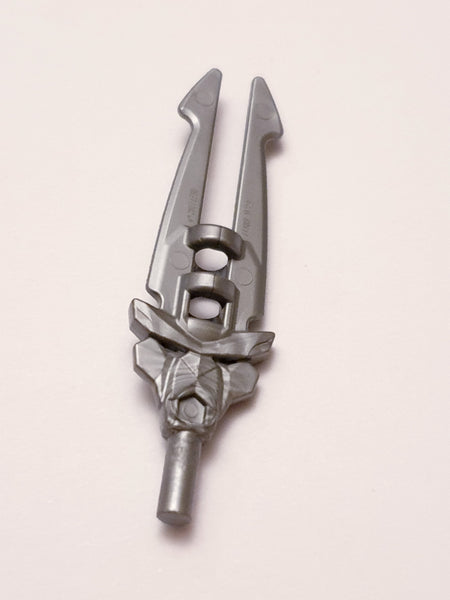 Minifig, Waffe Schwert mit Doppelklinge gezahnt mit Stabhalter pearlsilber