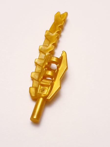 Minifig, Waffe Schwert gezahnt mit Stabhalter pearlgold pearl gold
