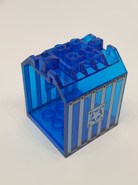 4x4x4 Container, offene Box bedruckt mit 1 Locking Hinge Finger on Each End with Jail Bars and Star transparent dunkelblau trans dark blue