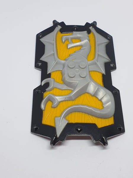 Minifigur Zubehör bedruckt Large Figure Shield, 2 x 4 Brick Relief, Dragon with Bright Light Orange and Black Pattern pearl light gray