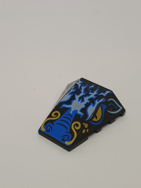 4x4 Keilstein ohne Noppen auf Oberseite bedruckt mit Dragon Head and 2 Golden Eyes and White and Blue Lightning Pattern  schwarz black
