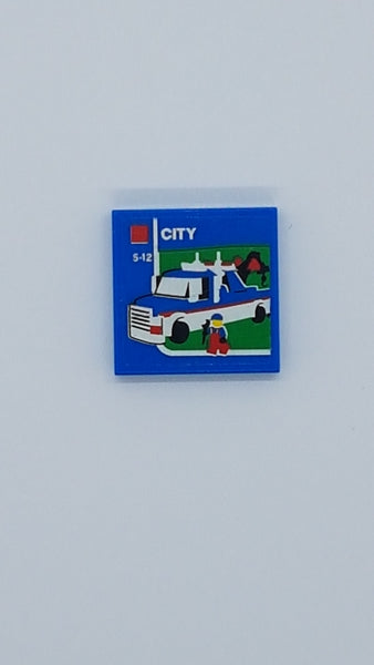 2x2 Fliese bedruckt with Groove with Lego Tow Truck, 'CITY' and '5-12' Pattern (Sticker) - Set 60050 blau