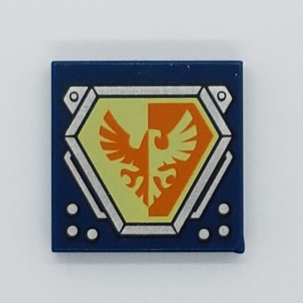 2x2 Fliese bedruckt with Groove with Bright Light Yellow and Orange Falcon on Hexagonal Shield with Silver Border Pattern dunkelblau