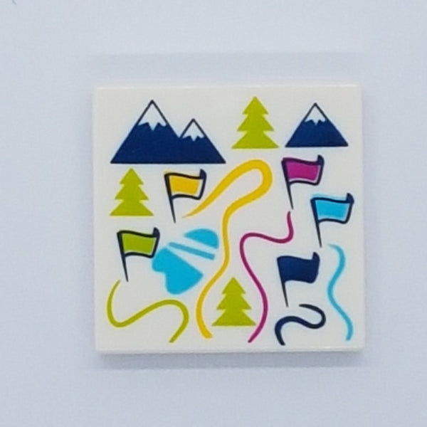 2x2 Fliese bedruckt with Groove with Map of Ski Resort with Flags, Trees and Mountains Pattern weiß white