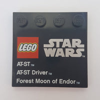 4x4 Fliese modifiziert mit 4 Noppen bedruckt LEGO Star Wars Logo, 'AT-ST', 'AT-ST Driver', and 'Forest Moon of Endor' Pattern - Set 9679 schwarz black