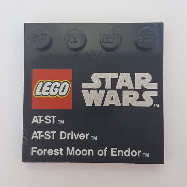 4x4 Fliese modifiziert mit 4 Noppen  bedruckt LEGO Star Wars Logo, 'AT-ST', 'AT-ST Driver', and 'Forest Moon of Endor' Pattern - Set 9679 schwarz black