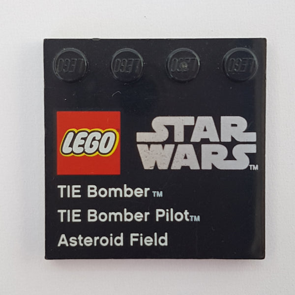 4x4 Fliese modifiziert mit 4 Noppen  bedruckt LEGO Star Wars Logo, 'TIE Bomber', 'TIE Bomber Pilot', and 'Asteroid Field' Pattern - Set 75008 schwarz black