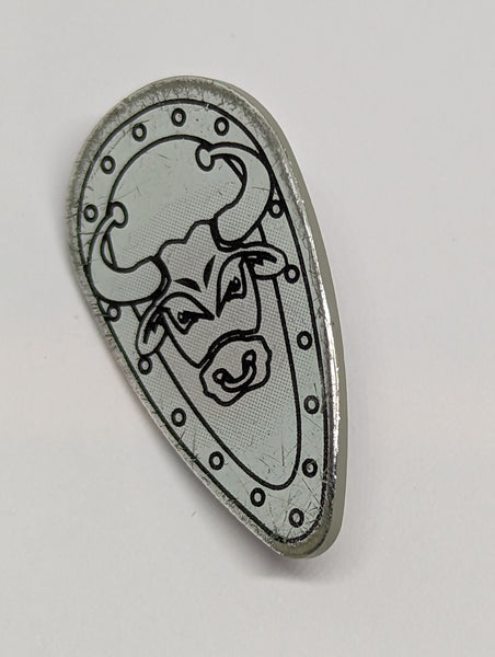 Minifigur Schild bedruckt Oval with Bull Head Black Outline on Chrome Silver Pattern althellgrau light gray